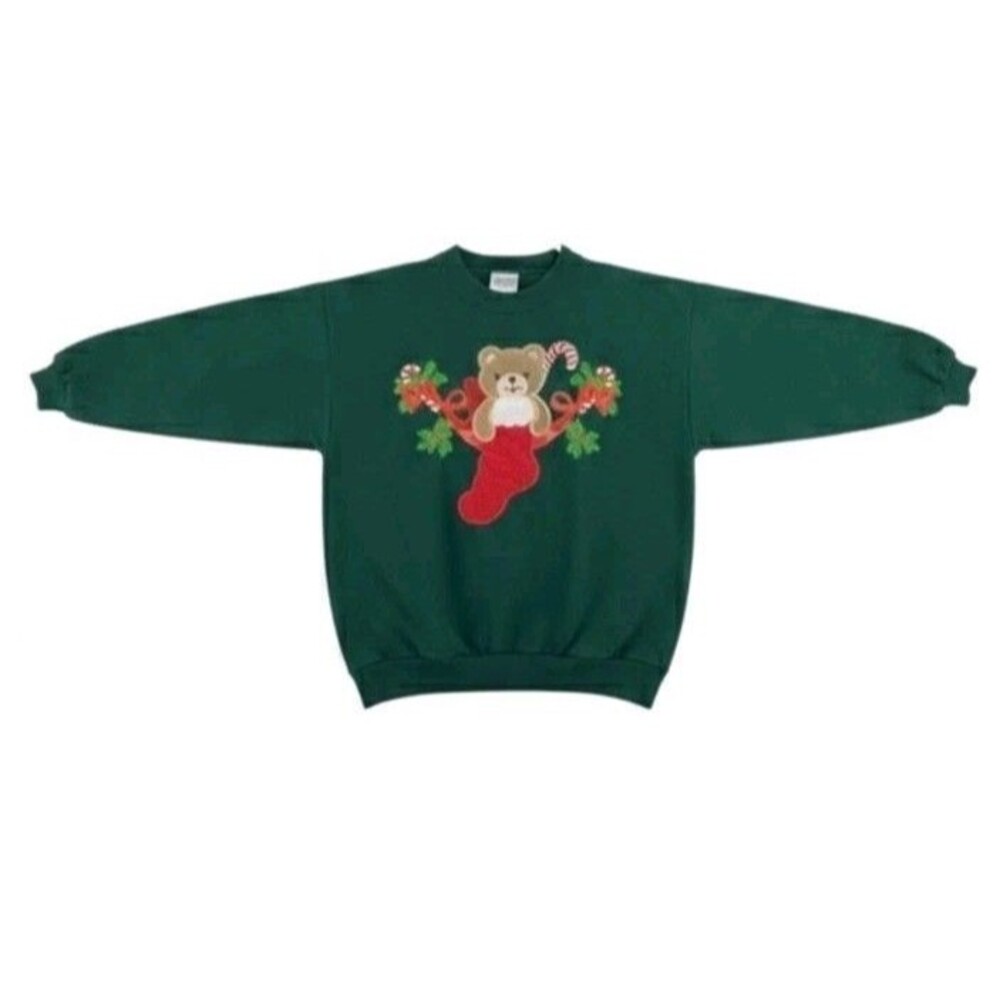 Vtg Endless Designs Christmas Teddy Bear Sweatshirt Youth L 16-18 Green 90s